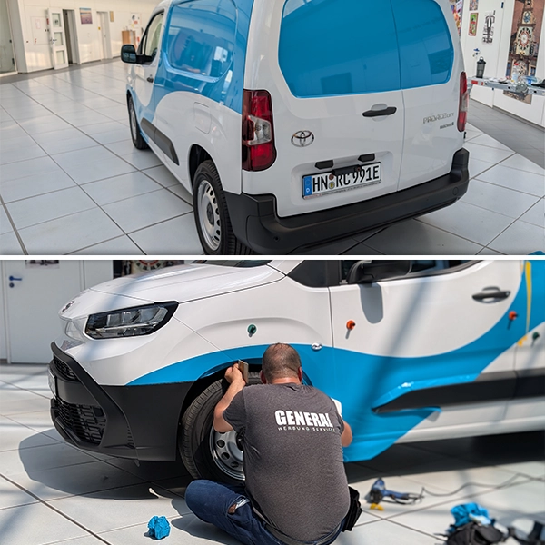 Passgenaue Montage von Transporterbeschriftungen ausgeführt von General Werbung Services
