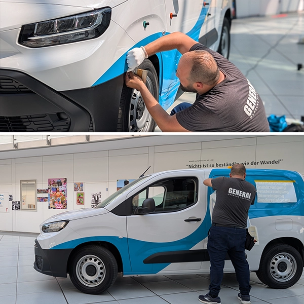Fachmännische Montage von Flottenbeschriftungen auf Nutzfahrzeugen von General Werbung Services