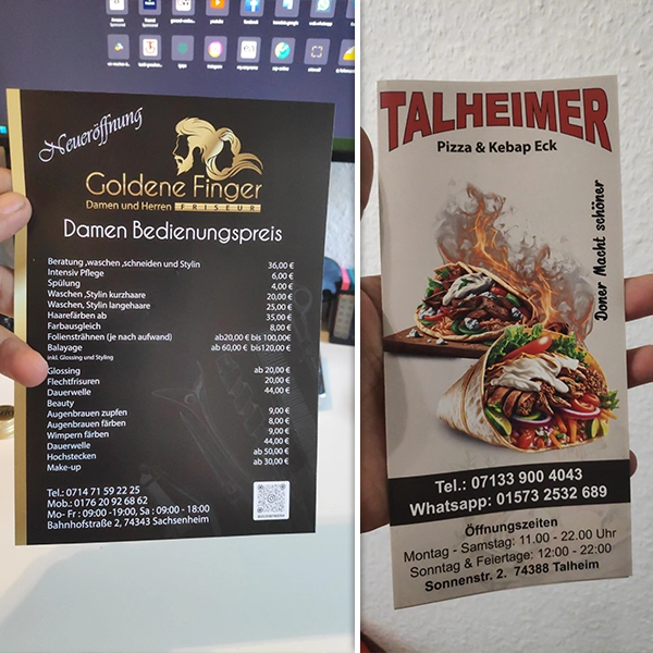 Kreativ gestaltete Gastro-Flyer und Speisekarten-Faltblätter von General Werbung Services