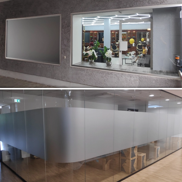 Eleganter Sichtschutz mit Glasdekorfolie und Milchglasfolie für Büroräume von General Werbung Services