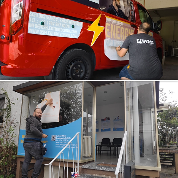 Werbemontage von Folienbeklebungen an Glasfassaden und Fahrzeugen von General Werbung Services